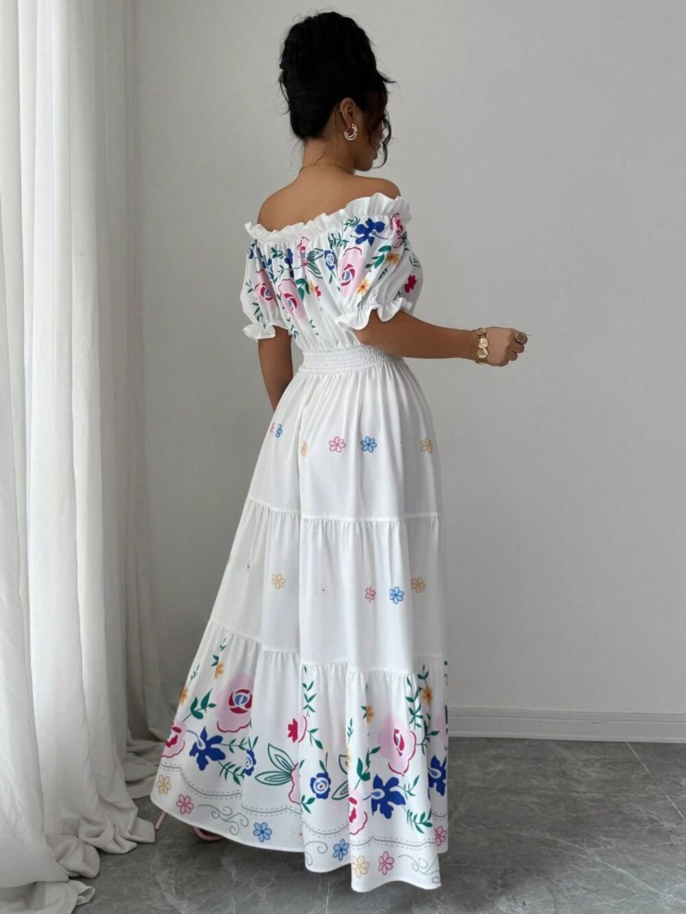 Multicolor Boho Women's off-Shoulder Puff Sleeve Floral Print Maxi Dress - Picture 2 of 7